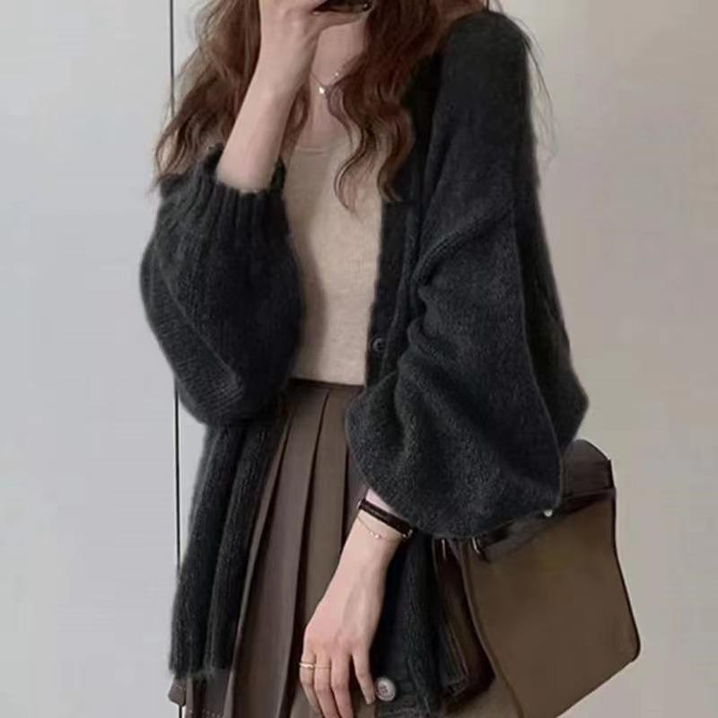 Fashion Lantern Long Sleeve Knitted Cardigan Jacket Women's Loose Elegant Medium and Long Sweater Thin Casual Simple Top Office Autumn Winter Clothing