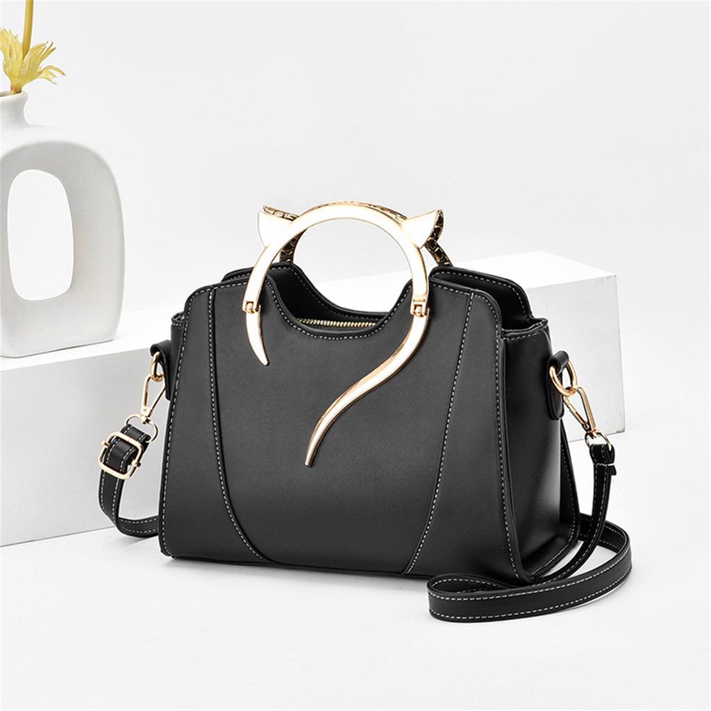 Women Cute Cat Ear Top Handle Shoulder Crossbody Bag Zippered PU Leather Solid Handbag Purse Elegant Messenger Bag Purse