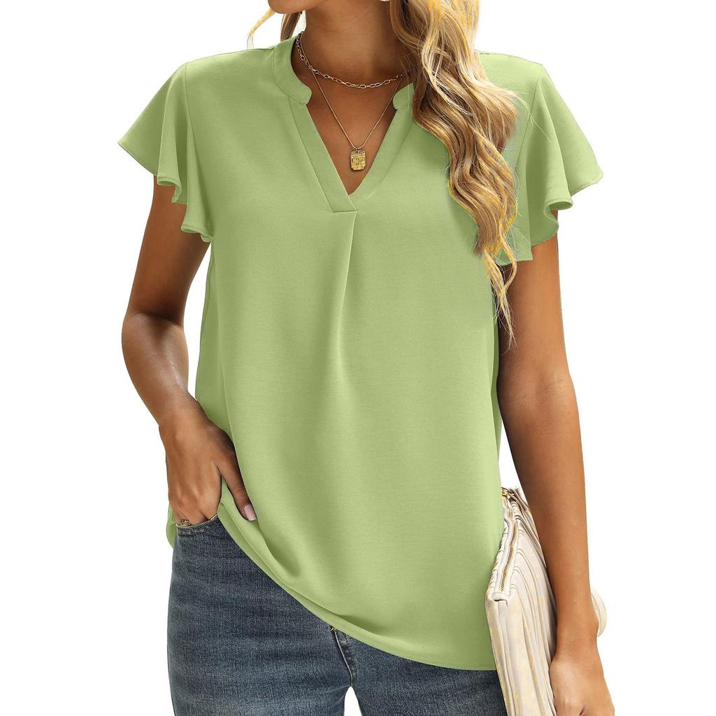 Women's Fashion Solid Color Casual Short Sleeve Stitching V-Neck Shirt Top