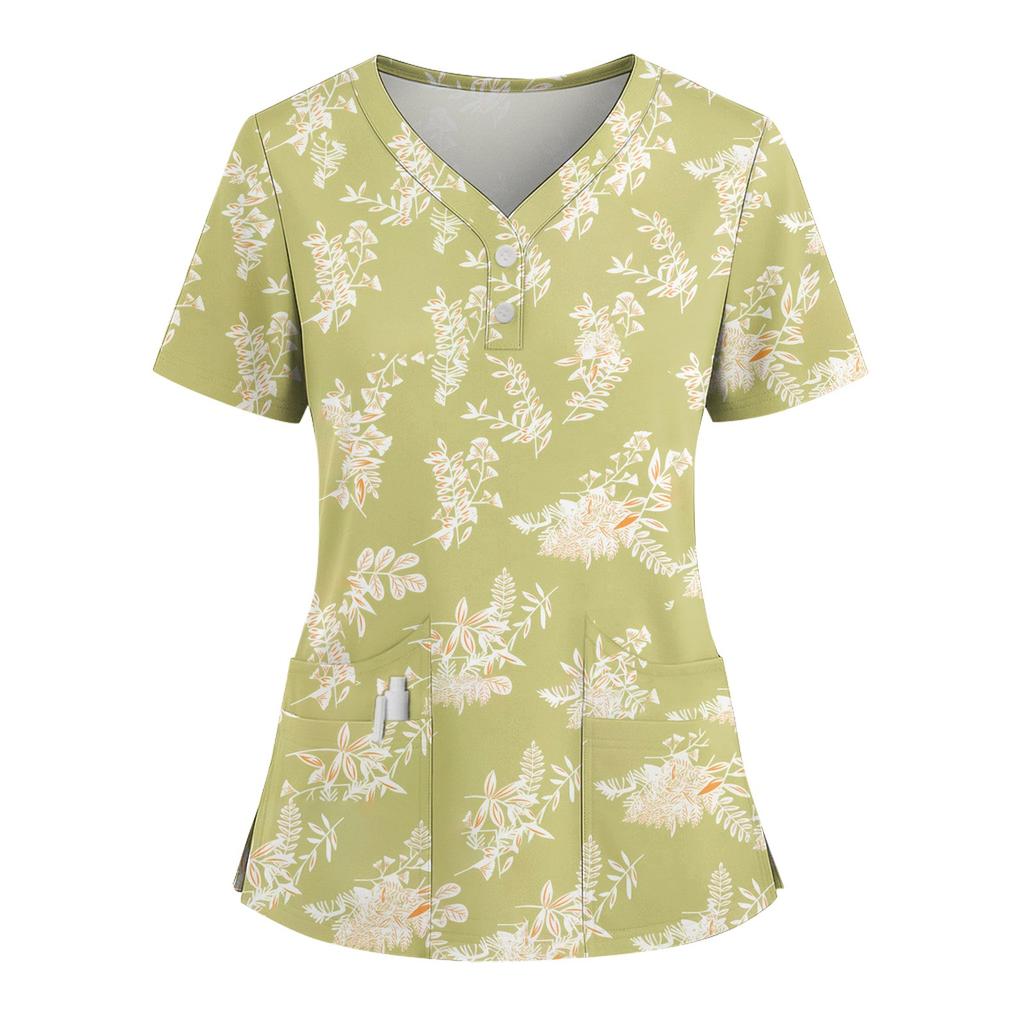 Women's Loose Short Sleeved Fashionable Flowers And Plants Printing V-neck Buttonable Side Slit Top T-shirt