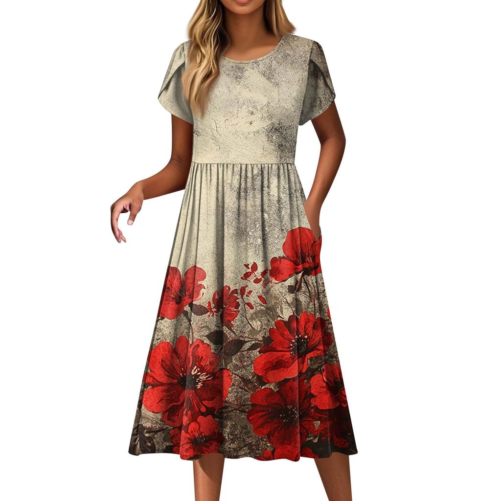 Dámské módní ležérní šaty s volným potiskem s kulatým výstřihem a kapsou s krátkým rukávem