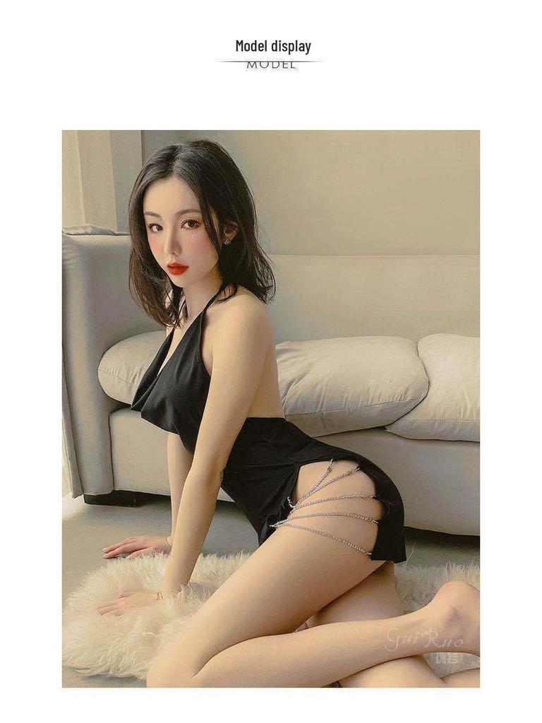 Aesthetic Sexy Lace Lingerie Set: Backless Slit Camisole Nightgown