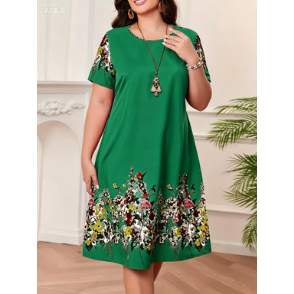 Big Size Women's Dress 3D Vintage Floral Summer Short Sleeve round Neck Casual Dress