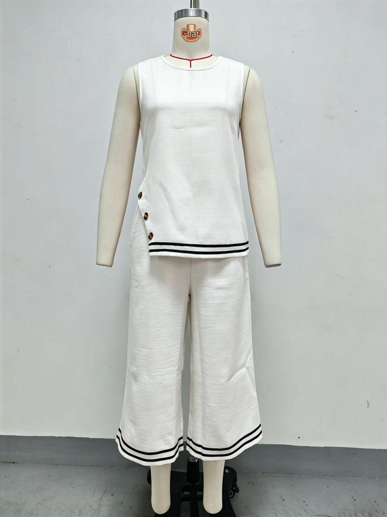 2026 Summer Women's Cotton Linen Two-Piece Set: Sleeveless Side Slit Top & Wide-Leg Cropped Pants