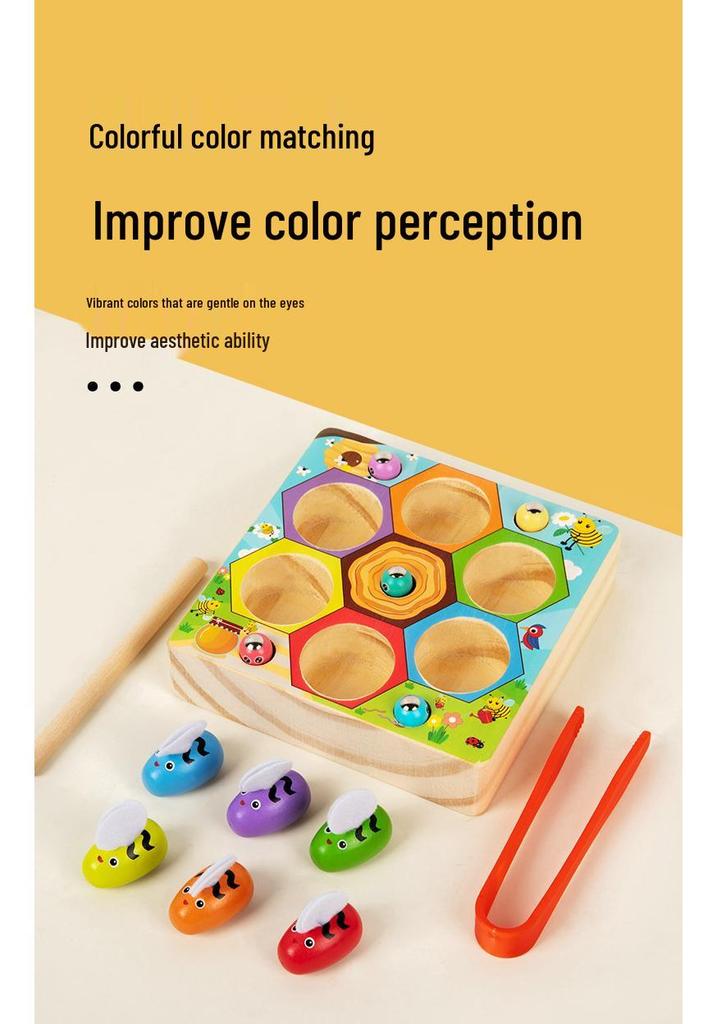 Kids' Wooden Beehive Fishing Toy - Ages 3+ for Concentration, Insect Catching, and Color Recognition