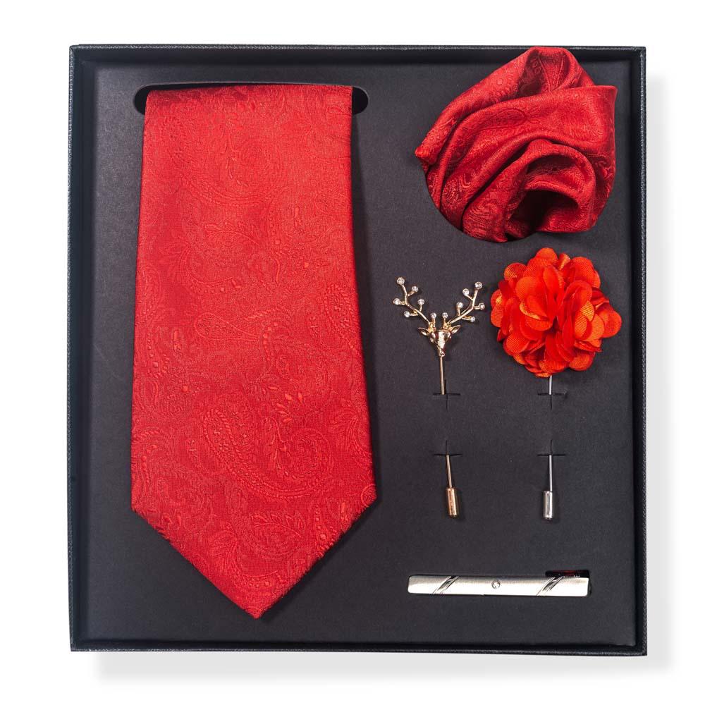 Paisley-Blumen-Krawatten-Geschenkset: Enthält Krawatte, Einstecktuch, Manschettenknöpfe, Ansteckblume und Krawattennadel in einer sechsteiligen Schachtel