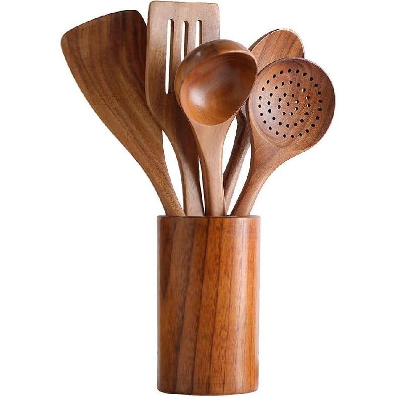 Wooden Spoons for Cooking, Tmkit Cooking Utensils Set of 6 Natural Teak Wooden Cooking Spatulas with Utensils Holder Comfort Grip Wooden Kitchen