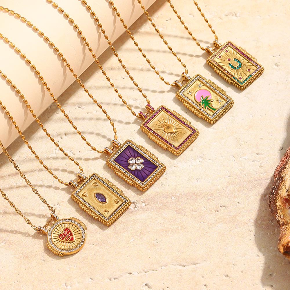 18K Gold-Plated Enamel Tarot Card Flower Pendant Necklace