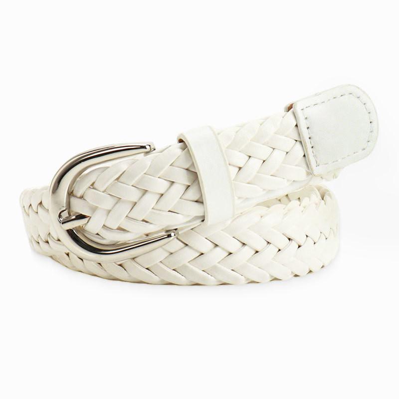Solid Simple Color Metal Buckle No Punching Imitation Leather Woven Belt Women