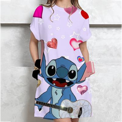 Summer Women's Home Nightgown with Slight Elasticity Women's Dress Plus Size Disney Stitch Print Dress Breathable and Comfortabl