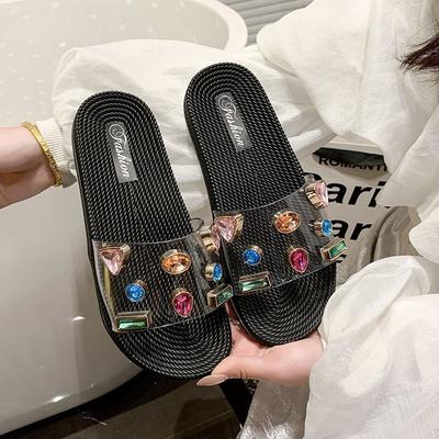 Hausschuhe Damen flacher Boden Mode vielseitige Oberbekleidung Ein-Wort weicher Boden Strass Strandschuhe Internet-Berühmtheit coole Hausschuhe 2025 neu