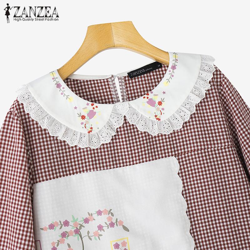 ZANZEA Women Casual Patchwork Doll Collar Loose Long Sleeve Plaid Blouse