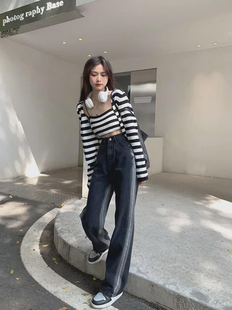 Women's Black High-Waist Straight Wide-Leg Jeans - Spring/Summer 2022 Trendy Versatile Loose Fit