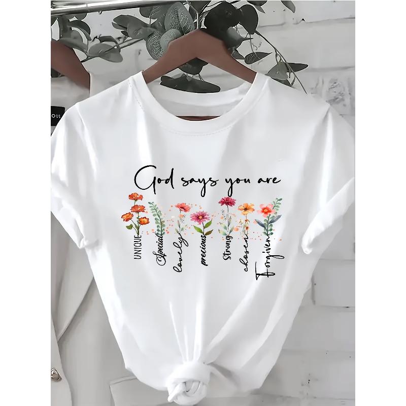 Womens Christian Floral Print Tee Round Neck Short Sleeve God Says You Are Slogan Casual Spring Summer Faith Inspired Top