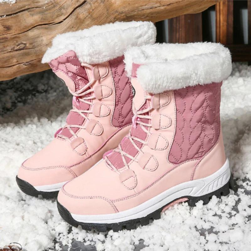 Warm Women's Boots Plush Outdoor Female Snow Boots Plus Sized Non-slip Mid-caslf Boots Lace-up Women Cotton Shoes Winter Zapatos