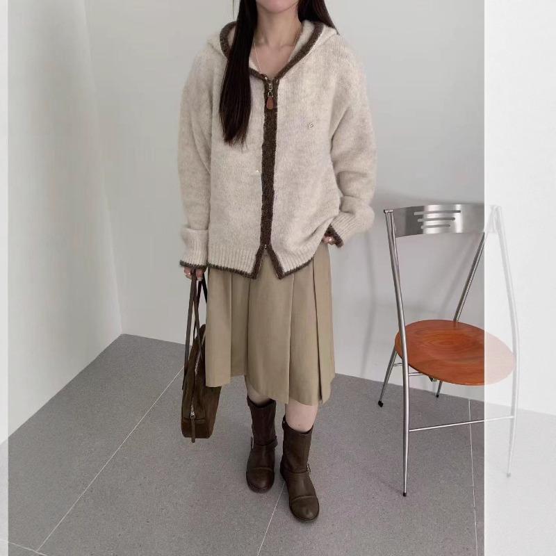 New Color Matching Edge Hooded Double Zipper Retro Casual Wool Blended Long-sleeved Knitted Cardigan Jacket Women