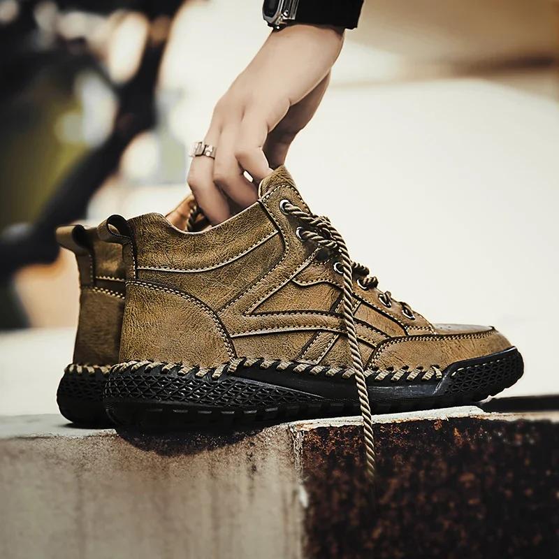 Fashion New 2024 Stylish Men Handmade Casual  Leather Basic Boots Outdoor Antiskid Flat Design Hiking Sneakers Comfy Lace-Up Ankle Boots