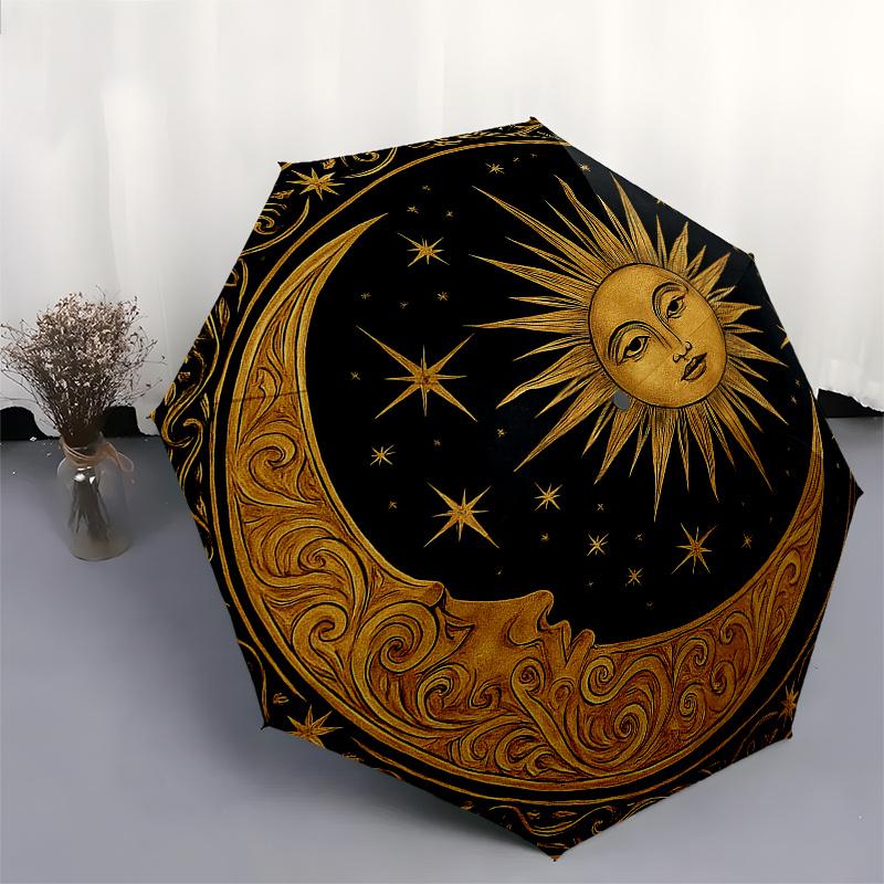 Goldener Himmelsmond und Sonne DekorSchirm, Tragbarer 3-Fach Kompakter Regenschirm, Weihnachtsgeschenk ES384