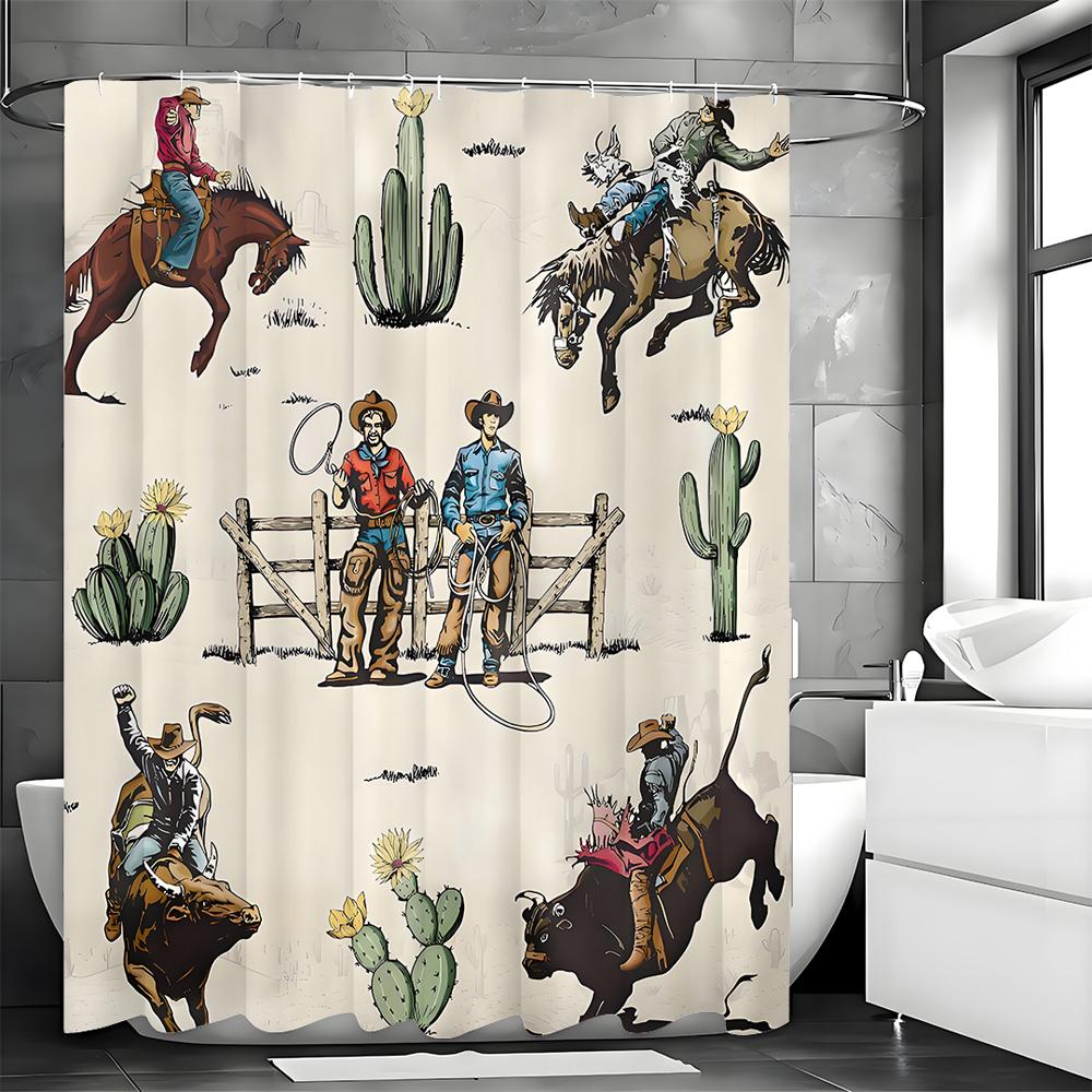 Western Cowboy Shower Curtain, American Wild West Cowboy Horseback Riding, Cattle, Desert Cactus, Rodeo, Ranch Bathroom Decorati