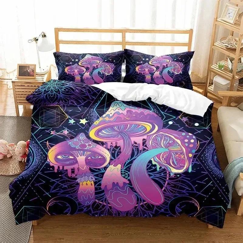 TOP New Colorful Mushroom Duvet Cover Microfiber Mandala Pattern Bedding Set Bohemian Magic Mushroom Quilt Cover
