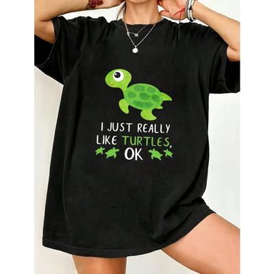 Cute Turtle Print T Shirt Black I Just Really Like Turtles Ok Graphic Tee For Women Casual Summer Outfit Beach Wear