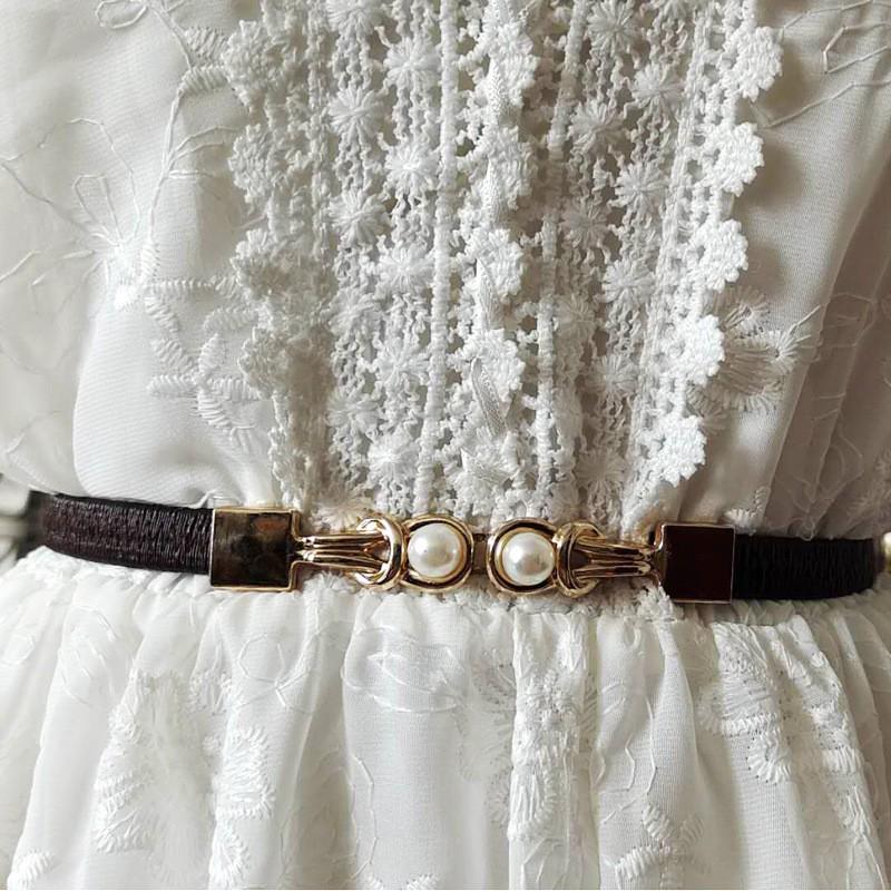 

Women s Thin Black Waist Belt with Pearl Buckle 60cm and below