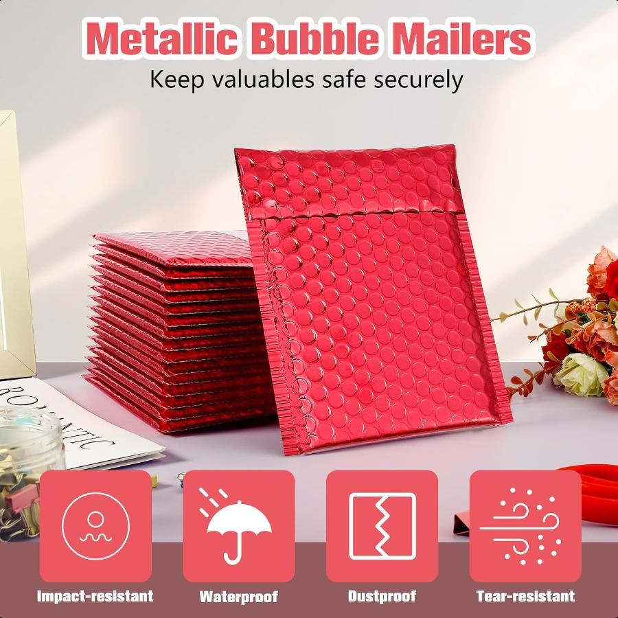 25 Pack Red Metallic Bubble MailersCushioning Padded Envelopes Waterproof Self Adhesive Padded Mailing Envelopes Shipping Bag F