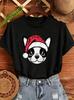 Frenchie Christmas Print Women's T-Shirts Retro Dog Santa Hat Design T-Shirts Tee Tops short sleeve Tshirts Tops Christmas Gifts