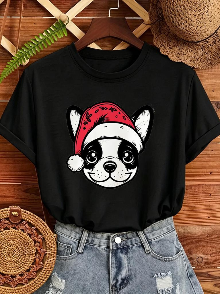Frenchie Christmas Print Women's T-Shirts Retro Dog Santa Hat Design T-Shirts Tee Tops short sleeve Tshirts Tops Christmas Gifts