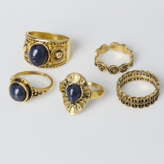 5Pcs/Set Bohemian Vintage Blue Stone Alloy Finger Ring Women Charming Jewelry