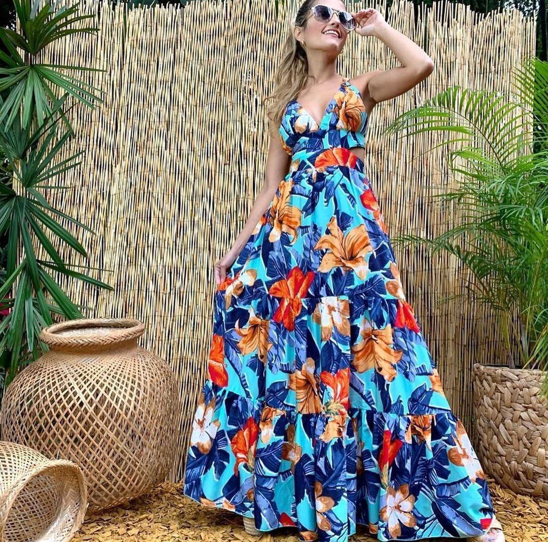 

Spring And Summer New European And American Women S Clothing Fashion Printed Sexy Dress, Suspender Deep V Sleeveless Backless Dress XXL