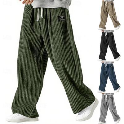 Men's Loose Fit Corduroy Sweatpants, Elastic Waist, Straight Leg, Solid Color, Comfortable Outdoor Casual Wear