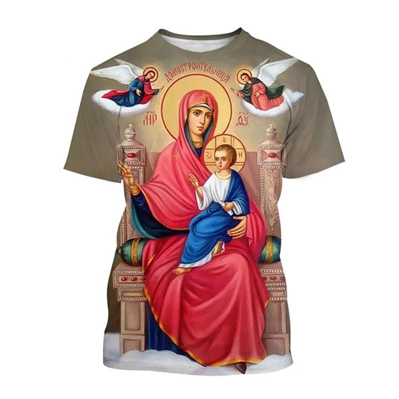 Camiseta 2025 Nuevo Verano Virgen María Estampado 3D Hombres Mujeres Cuello Redondo Manga Corta Camisetas Ropa Urbana Harajuku Camisetas Tops para Niños