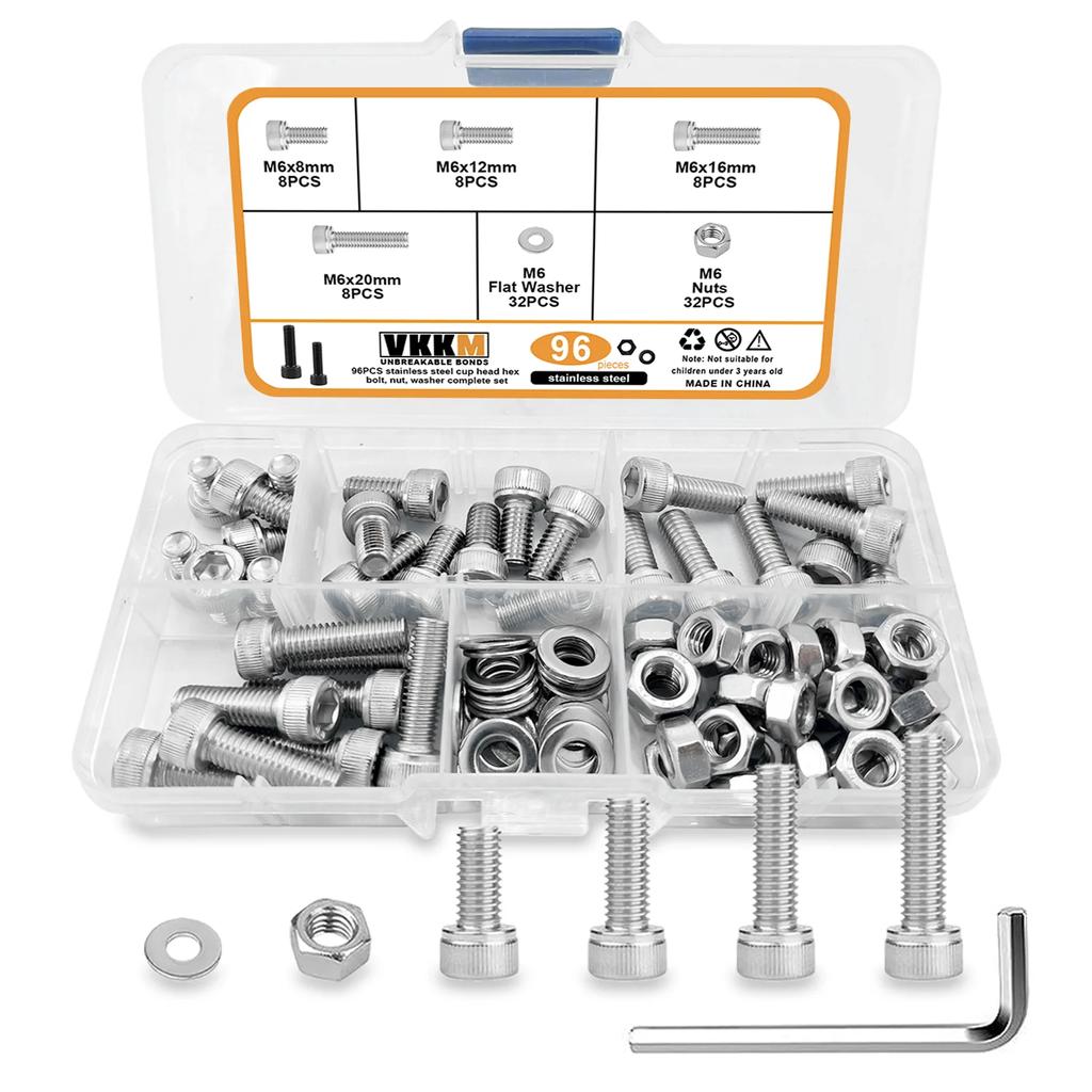 96Pcs M6 Hexagon Head Screw And Nut Set, M6 X 8/12/16/20mm Stainless Steel Screw Set, Cup Head Screw With Allen Wrench