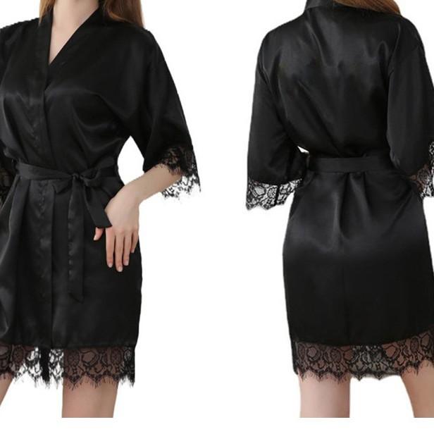 Sexy lace trim pure color home sleeping robe bathrobe women's pajamas