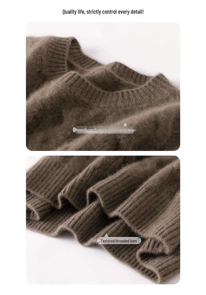 Women's Round Neck Cable Knit Cashmere Sweater - Thickened and Loose Fit for Autumn/Winter