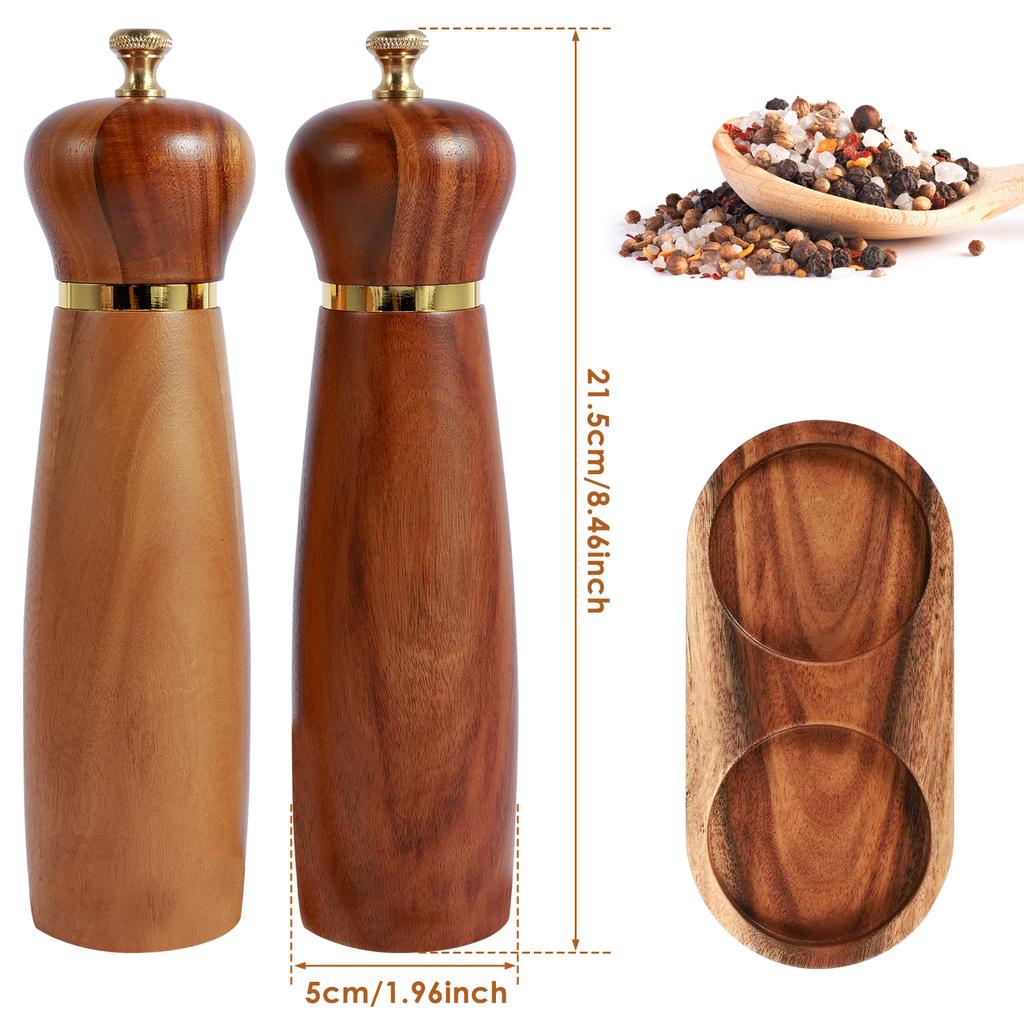 Wood Salt and Pepper Grinder Set with Base Coarseness Adjustable Salt Pepper Mill Grinder Manual Salt and Pepper Shakers with
