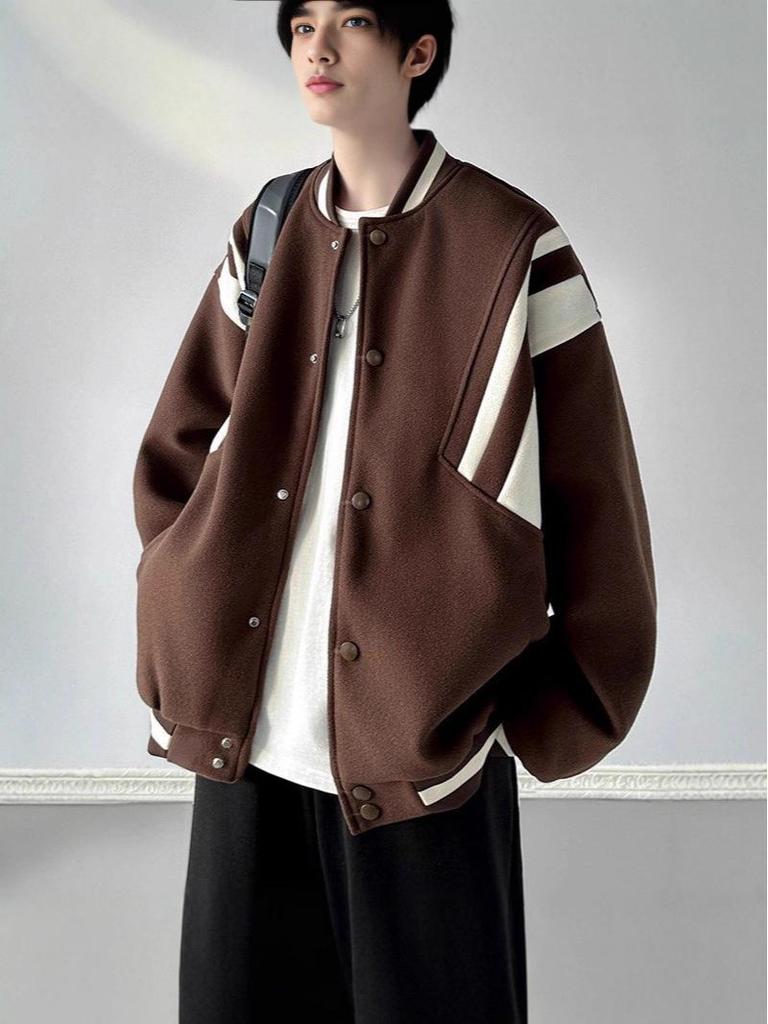 Men's Retro Wool Color Block Baseball Jacket - Trendy, High-End, Versatile Coat for Spring and Autumn.