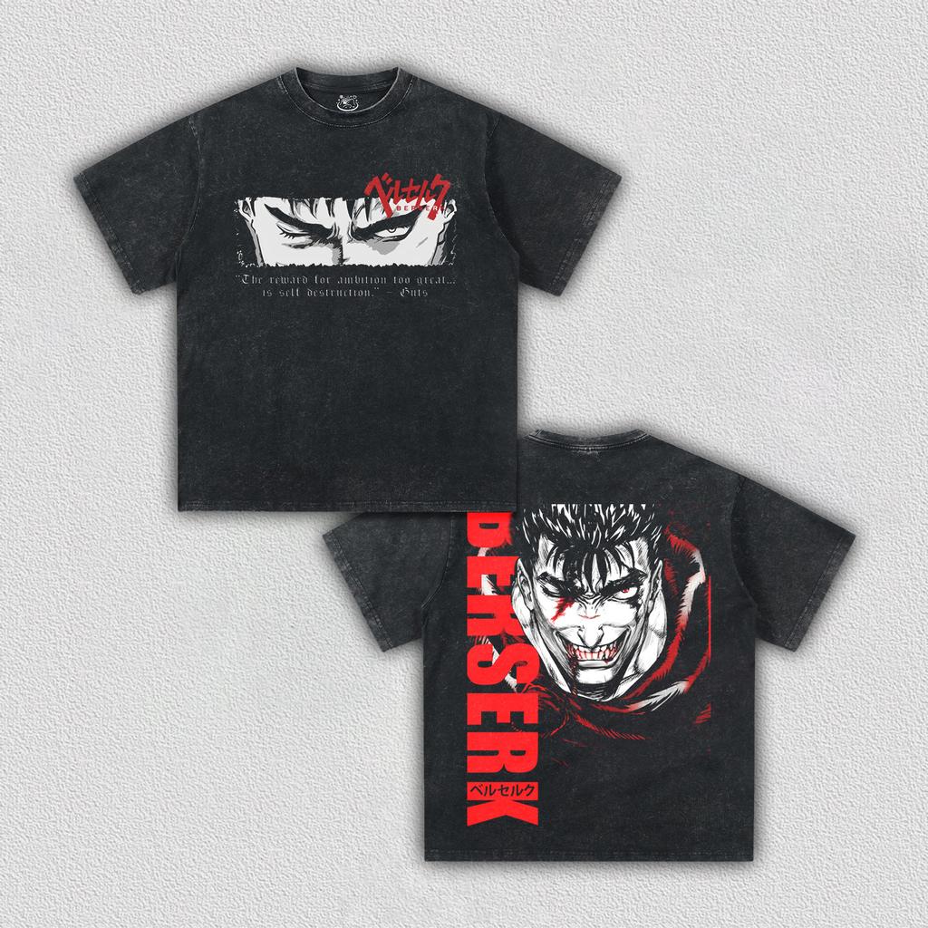 Berserk Baggy T-shirt Washed Oversized Cotton Anime Two Sided Print Men Women Short Sleeve Retro Streetwear Cotton Female Male Clothing
