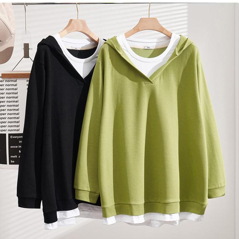 Sweatshirt for Women Cotton Loose Oversized False Two Piece Comfortable Round Neck Casual Pullover Top Hooded Sweatshirt