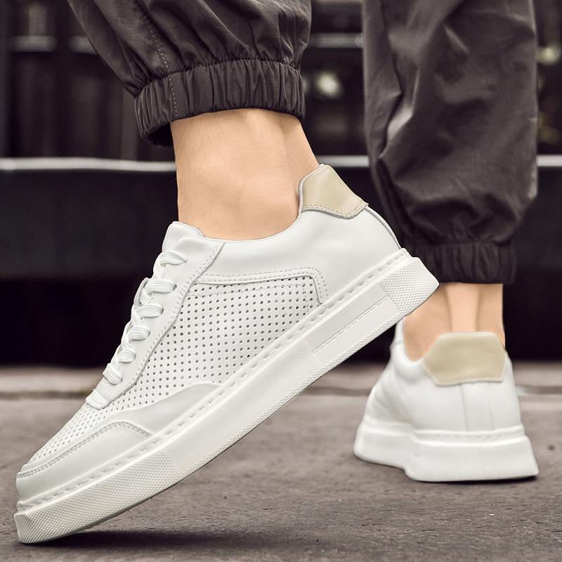 Fashion White Hollow Breathable Shoes Men's Fashion Light Soft Man Sneakers Men Outdoor Lace Up Genuine Leather Thick Sole Casual Shoes