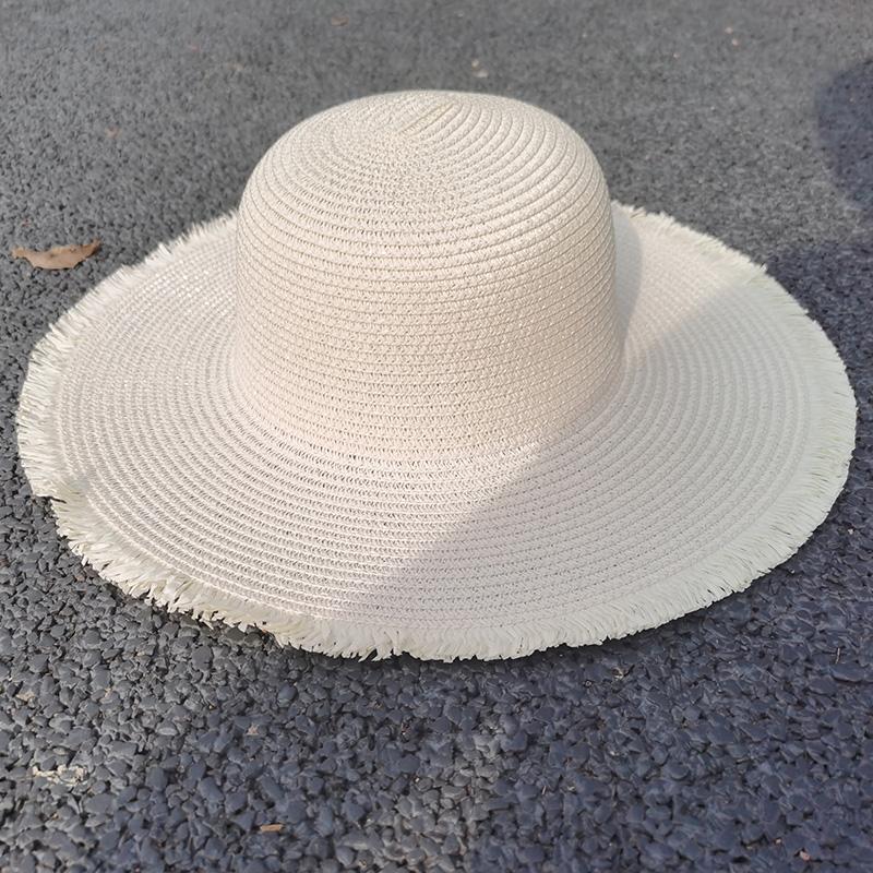 Summer Woman Straw Hat Solid Color Wide Brim Dome Sun Hat Fringe Beach Cap Foldable