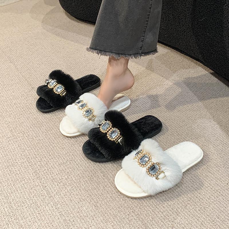 Fashion Winter Woman Slipper Luxury Slides Low Fur Shoes Flock Platform Pantofle Jelly Flip Flops Designer Plush Flat 2024 Glitter Cryst