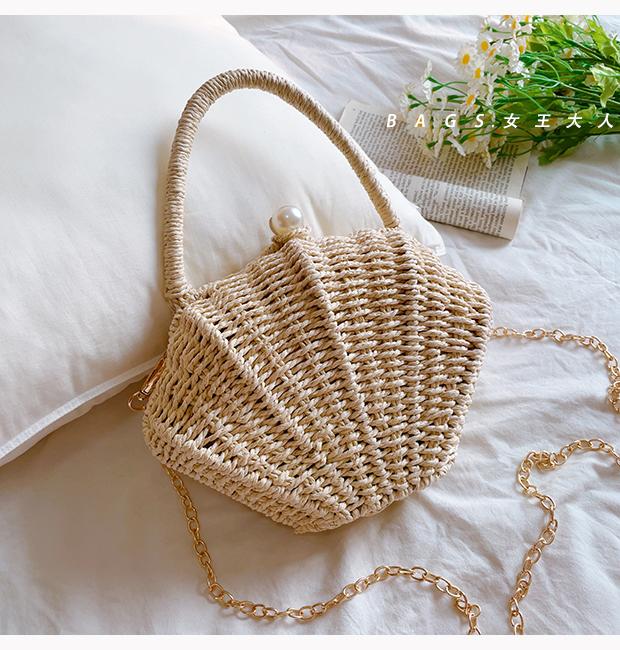 Muschelförmige Kette Kleine Umhängetasche Rattan Gewebt Ins Schulter Tragbar Strandurlaub Strohtasche