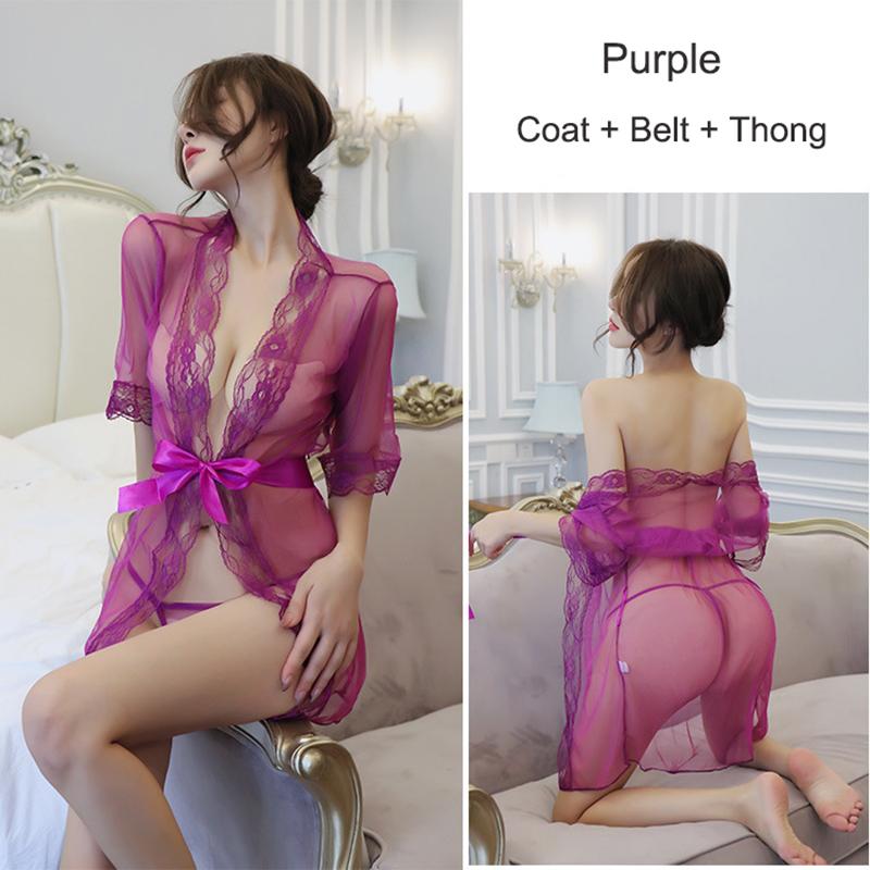 Sexy Women Lingerie Lace Night Dress Sleepwear Nightgown Bandage Deep V G-String See Through Sexy Sheer Sleep Dress Robe S138