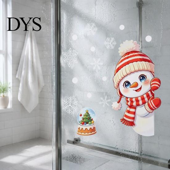 Festive Glass Door Decals Peeking Snowman Static Cling Window Decal, Christmas Sticker with Removable PVC Film Snowflakes, Reusable Holiday Decor for