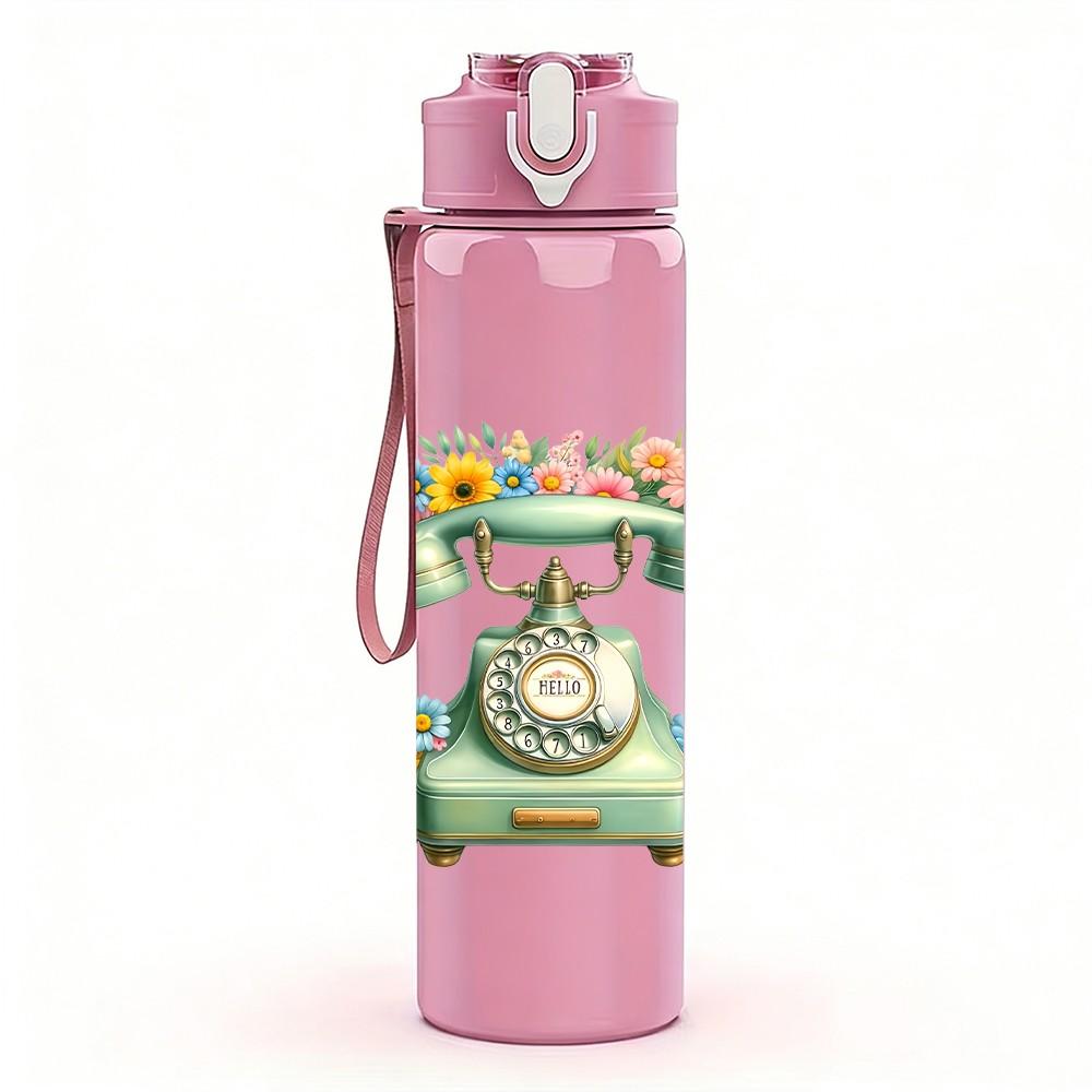 1PC Retro Vintage Telephone Pattern 750ml Color Plastic Sports Water Bottle Leakproof Flip Straw Lid Suitable for Sports Office Home Use