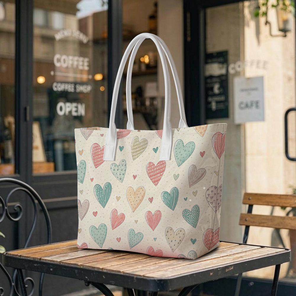 Cute Heart Printed Tote Bag Casual Lightweight Daily Shoulder Purse For Ladies Outdoor Shopping Handbag