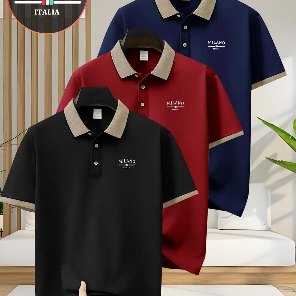 3 Pcs Men'S Polo Shirts Featuring Print Design - Short-Sleeve & Button-Collared Golf Shirt, Perfect for Business Casual Wear