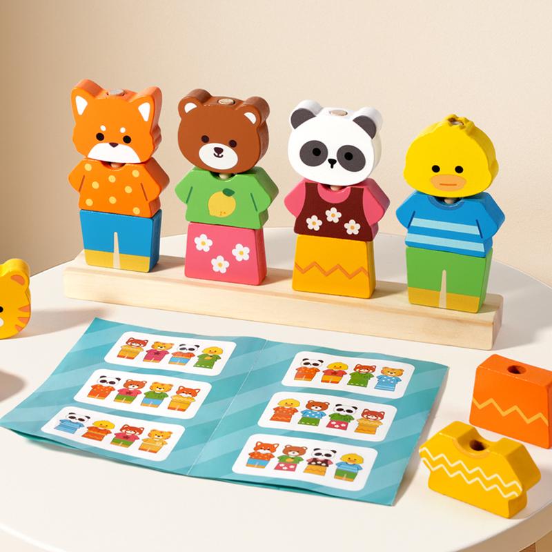 Wooden Children's Animal Changing Clothes Column Pattern Matching Color Recognition Fine Motor Training Game Educational Toys